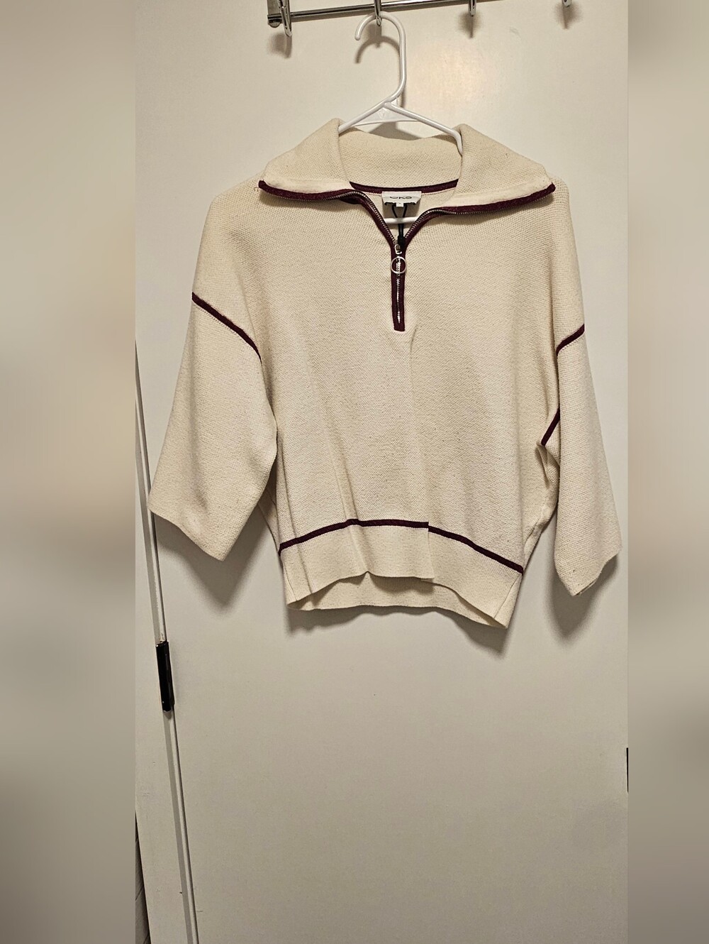 Cream Half-Zip Sweater with Maroon Trim – Women